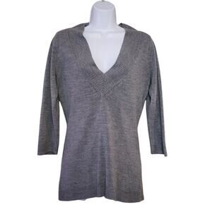 New York & Co Womens Deep V-Neck Sweater Size S Gray 3/4 Sleeve High Neck